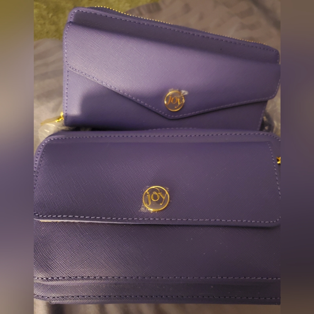 Joy Mangano Blue Leather Crossbody & Wallet Set. Saffiano Leather